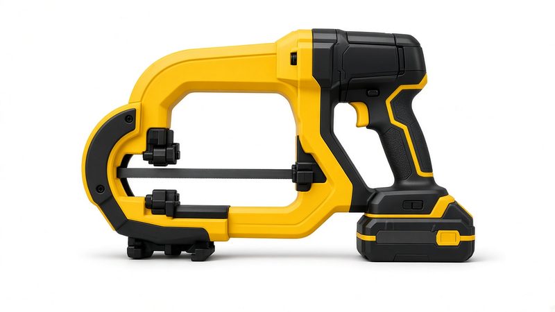 A compact yellow and black cordless band saw with a small C-shaped cutting opening