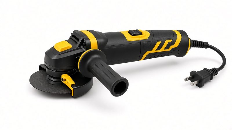 A yellow and black corded angle grinder with a disc guard and power cord