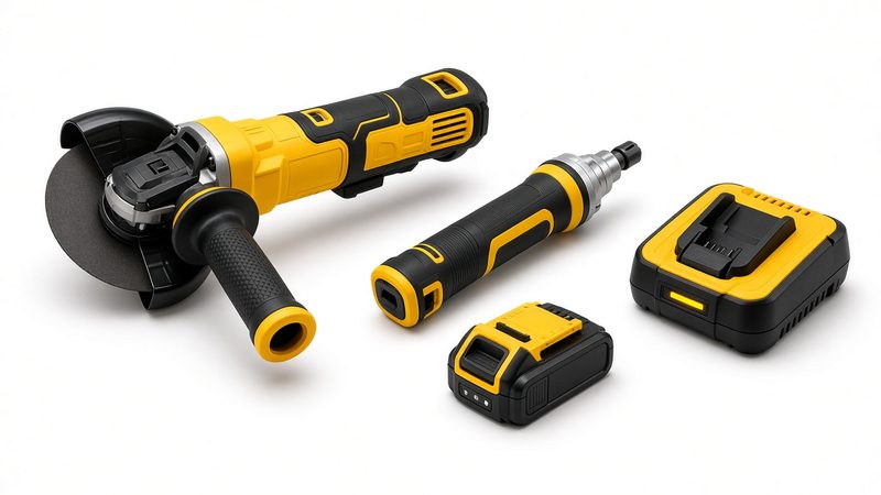 A yellow and black angle grinder and straight die grinder with a battery and charger