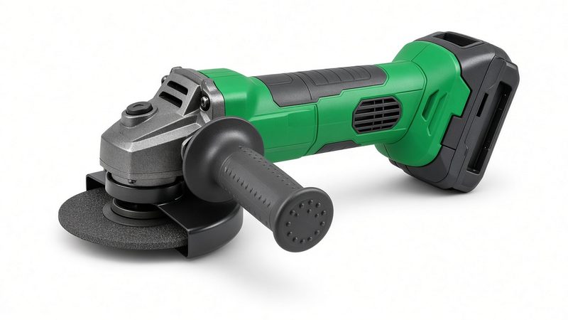 A green and gray cordless angle grinder with a metal gear head and side handle