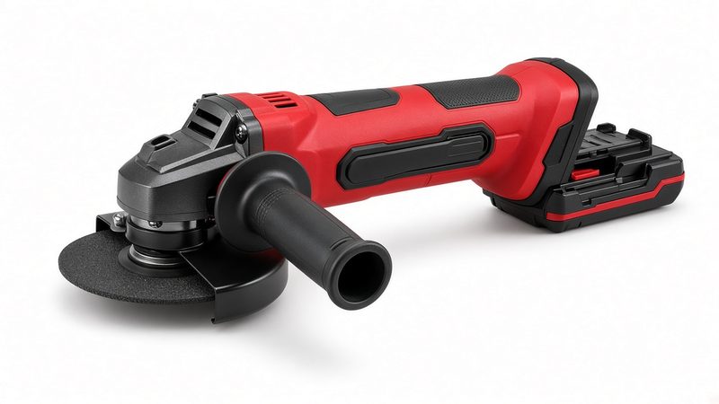 A red and black cordless angle grinder with a paddle switch and side handle