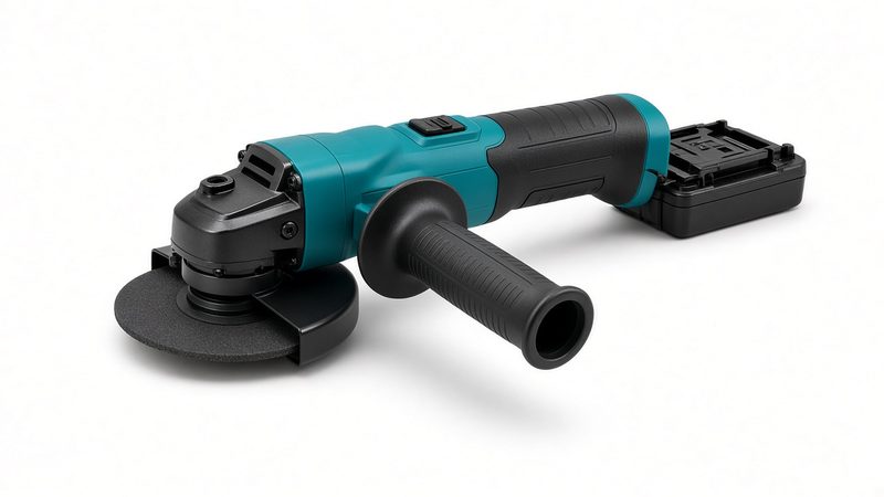 A teal and black cordless angle grinder with a disc guard and side handle