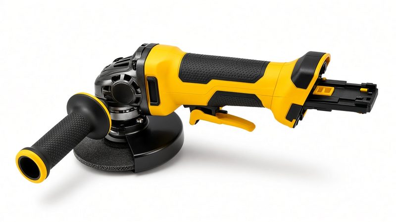 A yellow and black cordless angle grinder with a paddle switch and disc guard