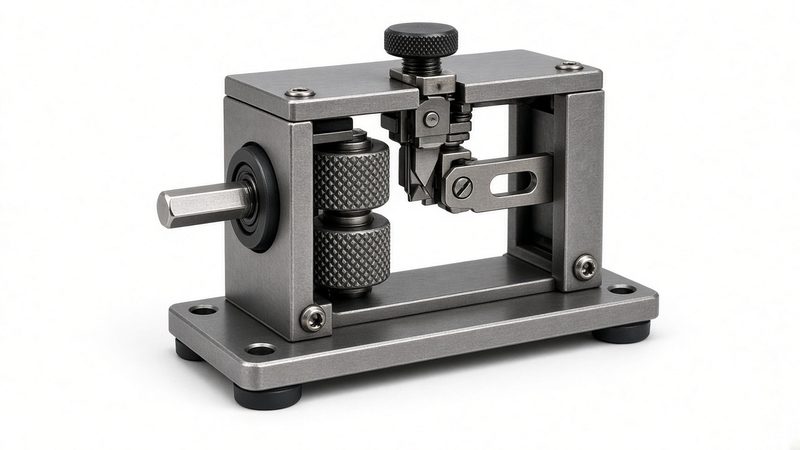 A benchtop wire stripper with feed rollers and a hex shaft for a drill