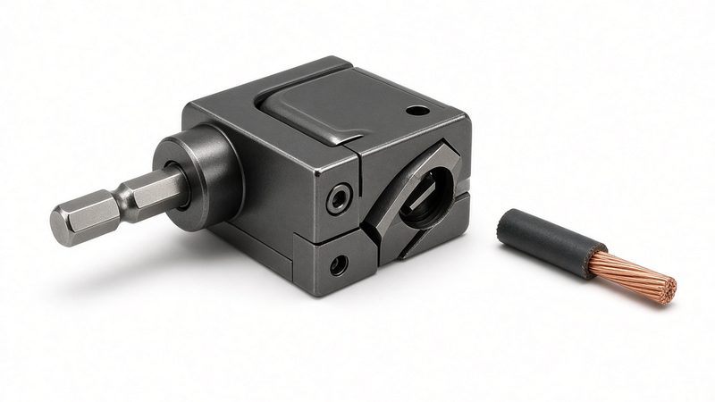 A small drill-powered wire stripper with a hex shaft and a stripped copper wire