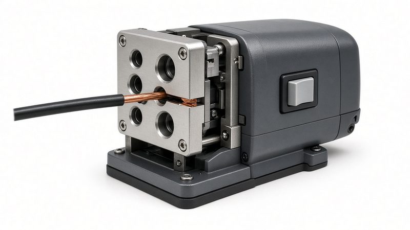 A compact electric wire stripper with five feed channels and a slit-open copper wire