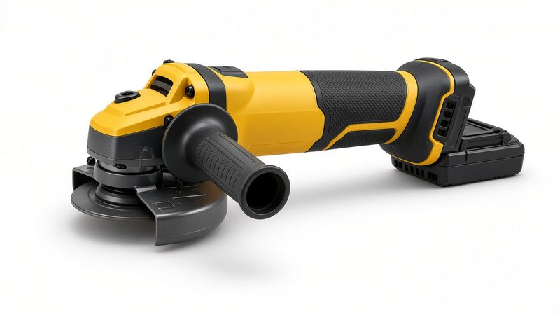 A large yellow and black cordless angle grinder with a disc guard and side handle