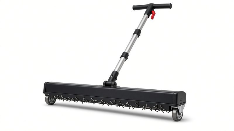 A wide rolling magnetic sweeper with a long push handle and nails stuck to the magnet bar