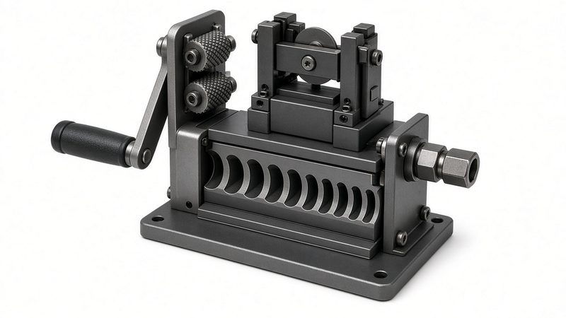 A hand-crank wire stripping machine with feed rollers and a row of wire channels
