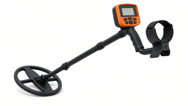 An orange and black metal detector with a long shaft and a large oval search coil
