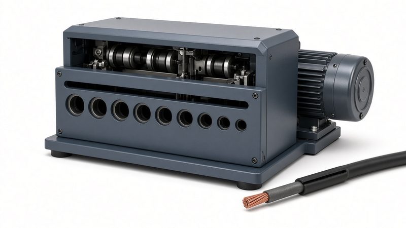 A benchtop wire stripping machine with a row of feed holes and a stripped cable showing copper