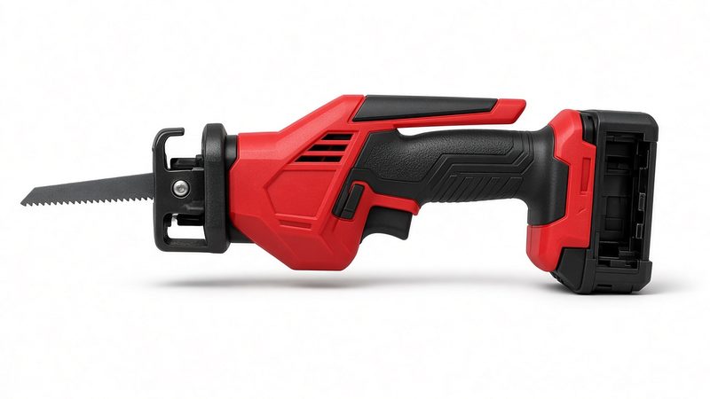 A compact red and black one-handed reciprocating saw with a short blade