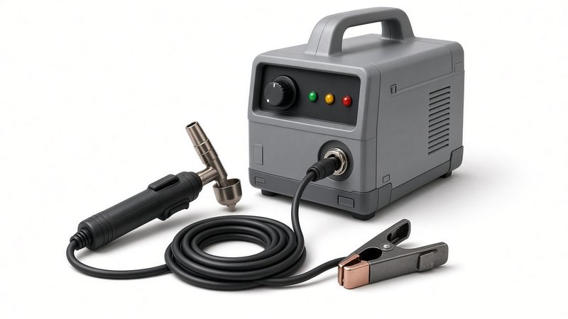 A compact plasma cutter power unit with an angled hand torch on a coiled lead and a ground clamp