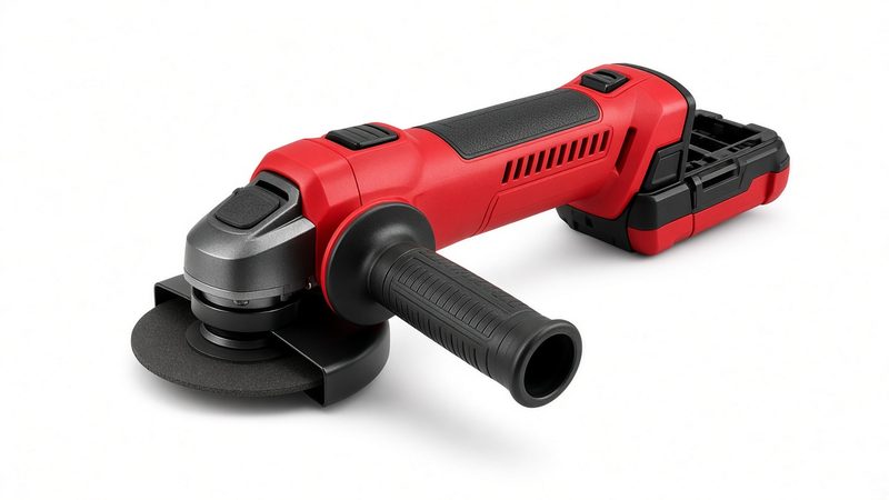 A small red and black cordless angle grinder with a disc guard