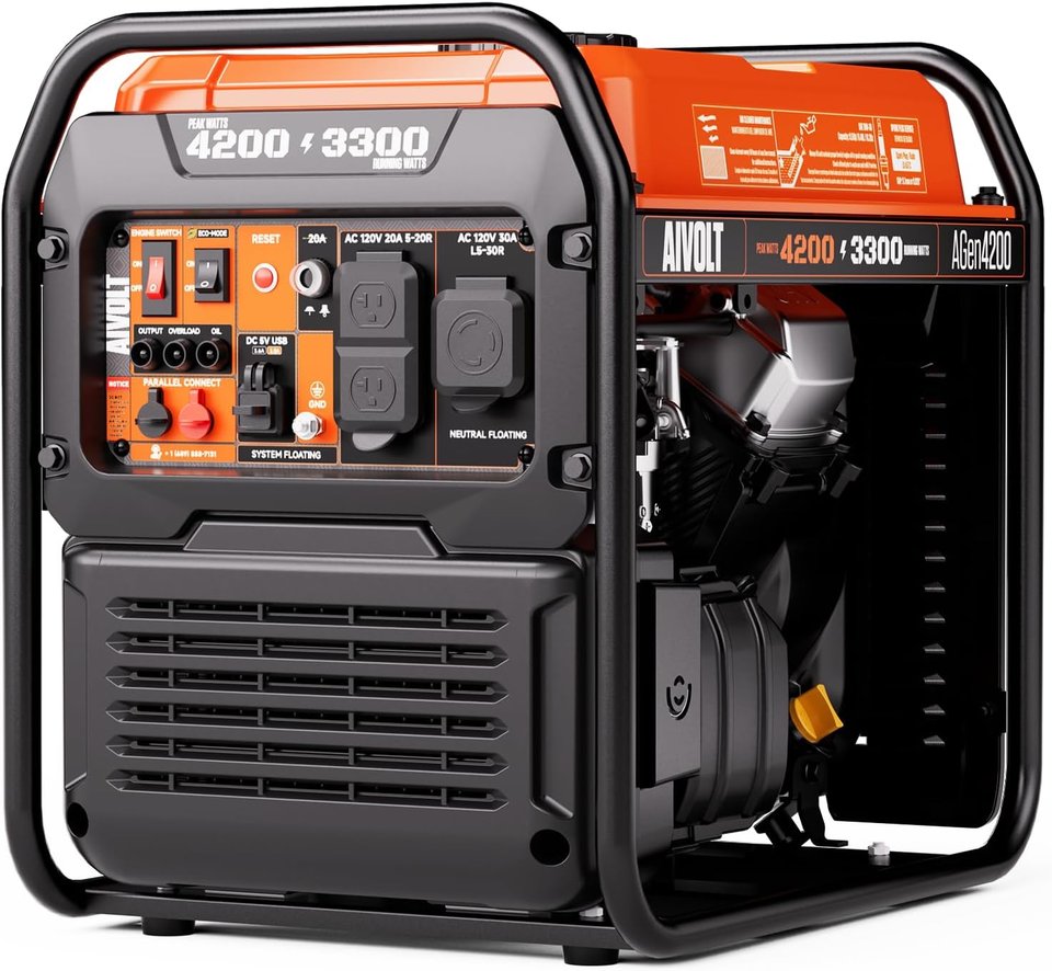 An orange and black AIVOLT open-frame inverter generator in a black tube frame, printed 4200 peak and 3300 running watts, with outlets and switches on the front panel
