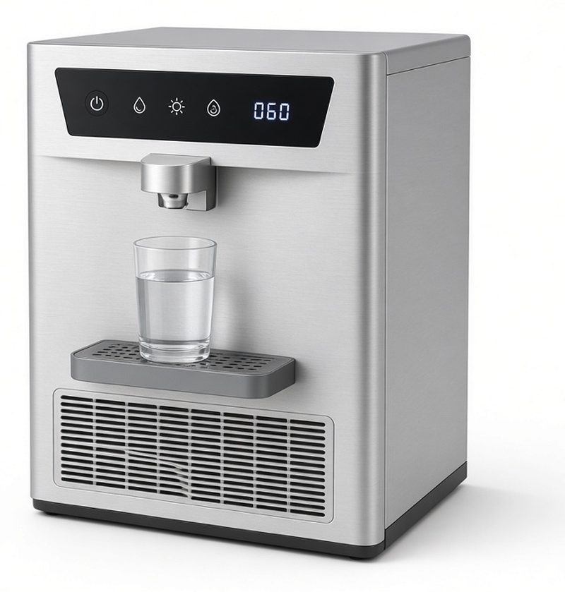 A silver countertop cabinet with a black touch panel and small display, a dispenser spout, a glass of water on a drip tray and a front vent grille