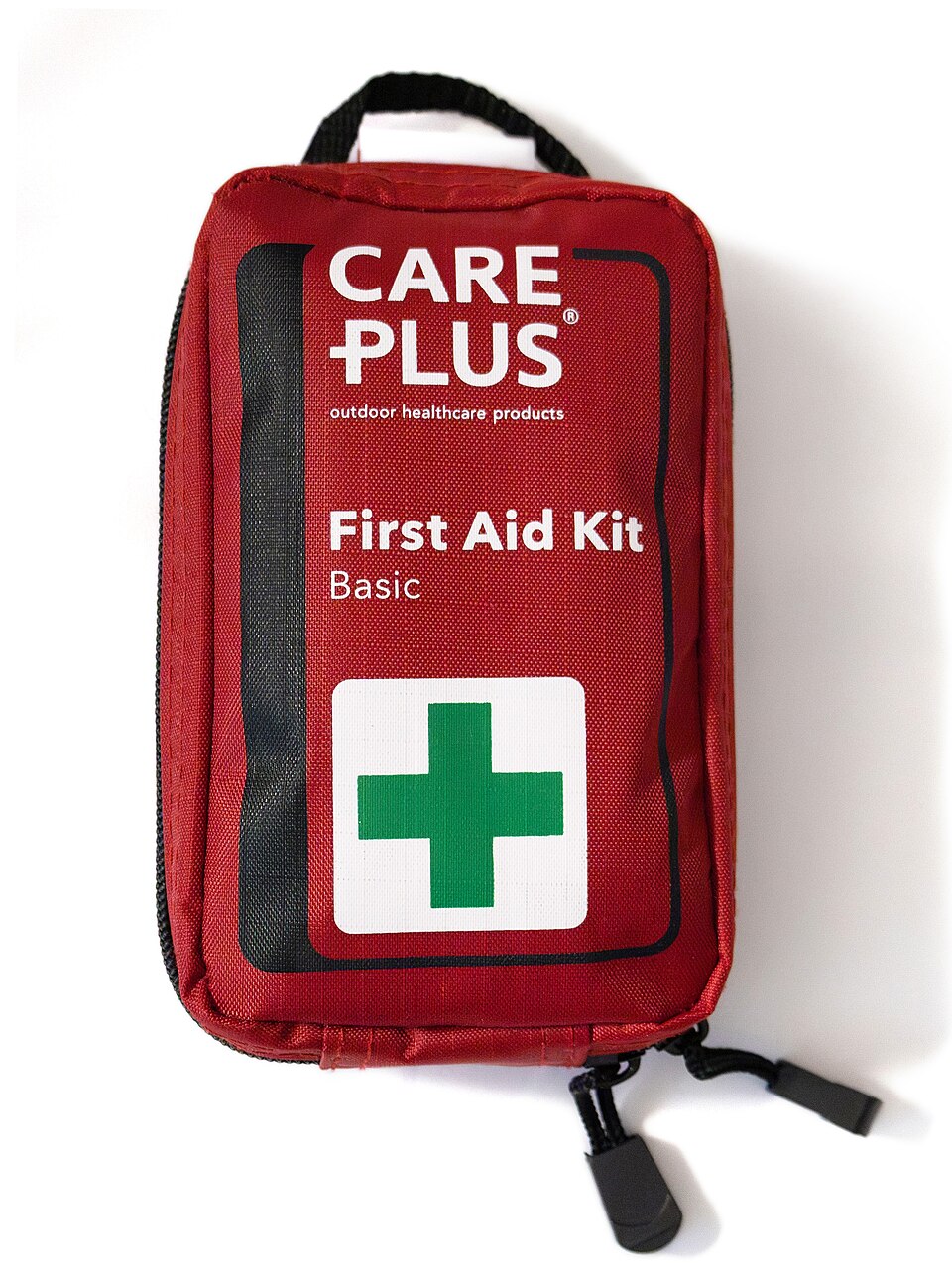 A red zippered pouch labeled First Aid Kit with a green cross