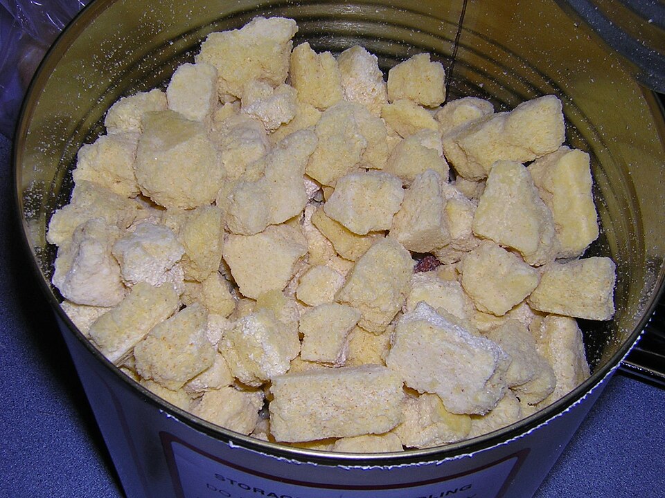 An open can of freeze-dried scrambled egg pieces