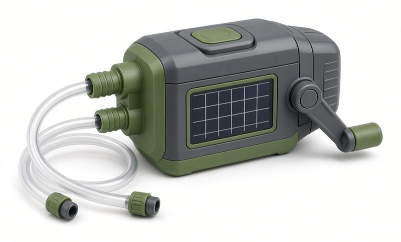 A gray and green portable water filter pump with a small solar panel, a hand crank, a top button and two clear hoses