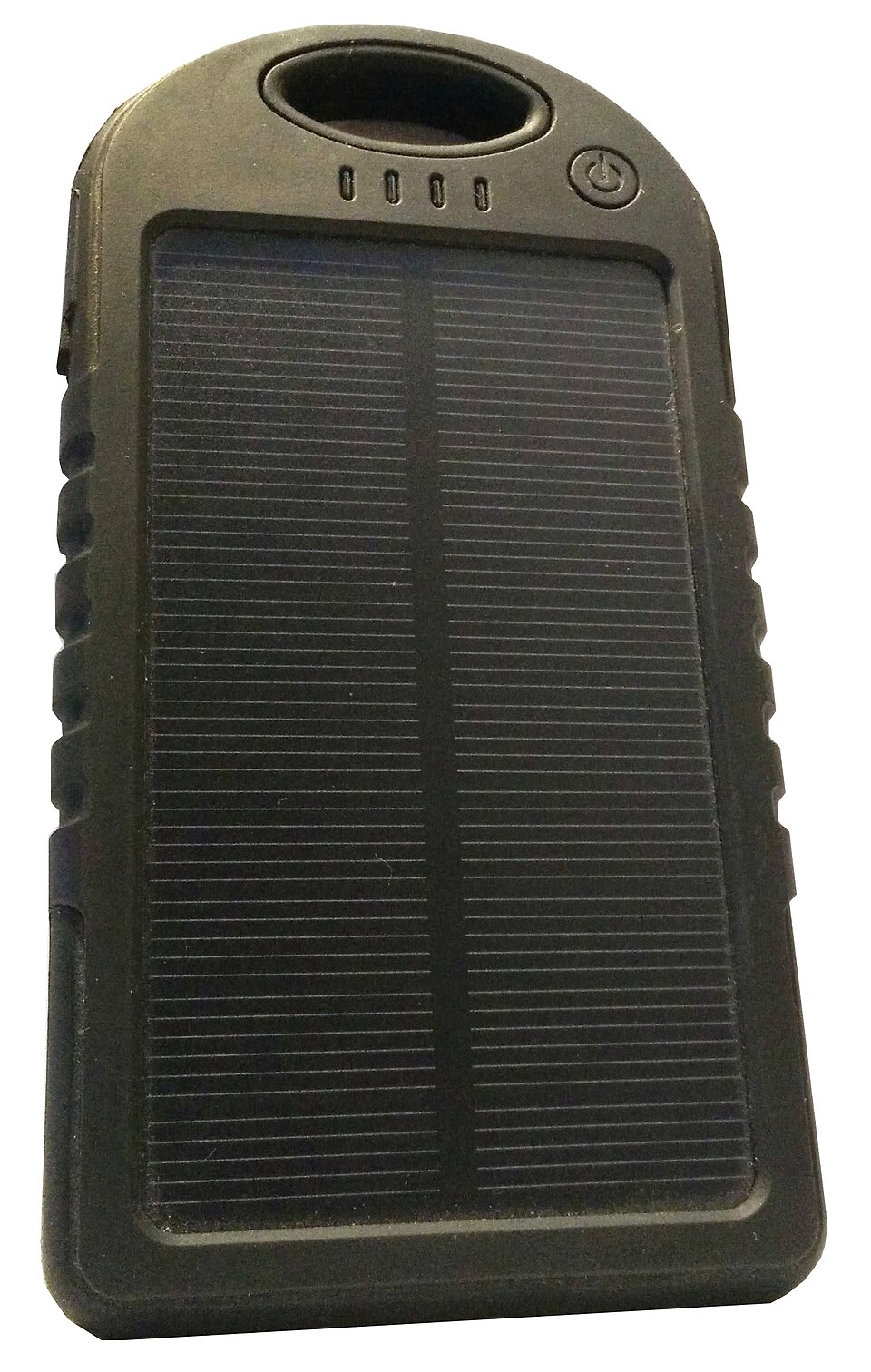 A dark green handheld power bank with a solar panel on its face