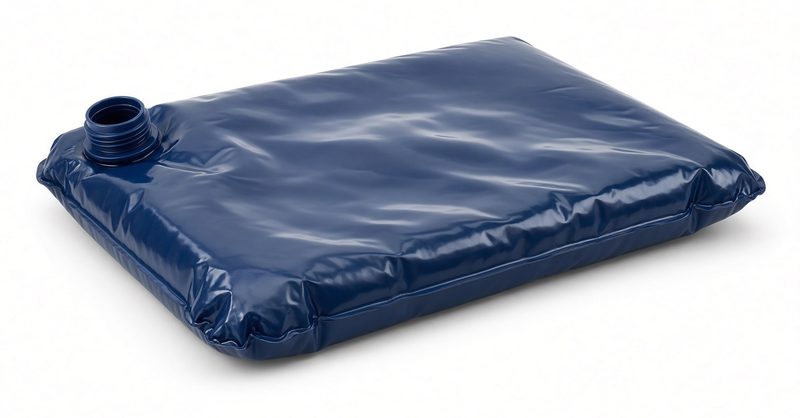 A flat, filled dark blue water bladder with a round threaded fitting on one corner