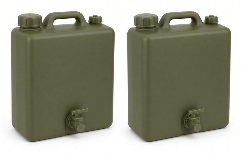 Two square military-green plastic water jugs, each with a molded top handle, a large cap, a small cap and a spigot near the bottom