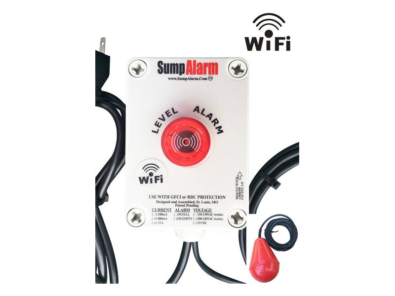 A white Sump Alarm Wi-Fi alarm box with a red light, a power cord and a red float switch