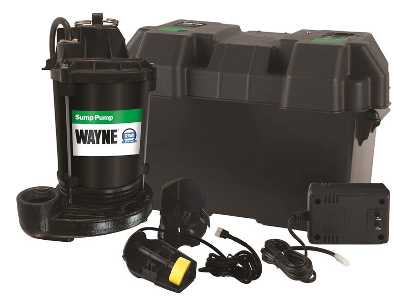 A WAYNE backup sump pump with a black battery box, controller, float switch and cables